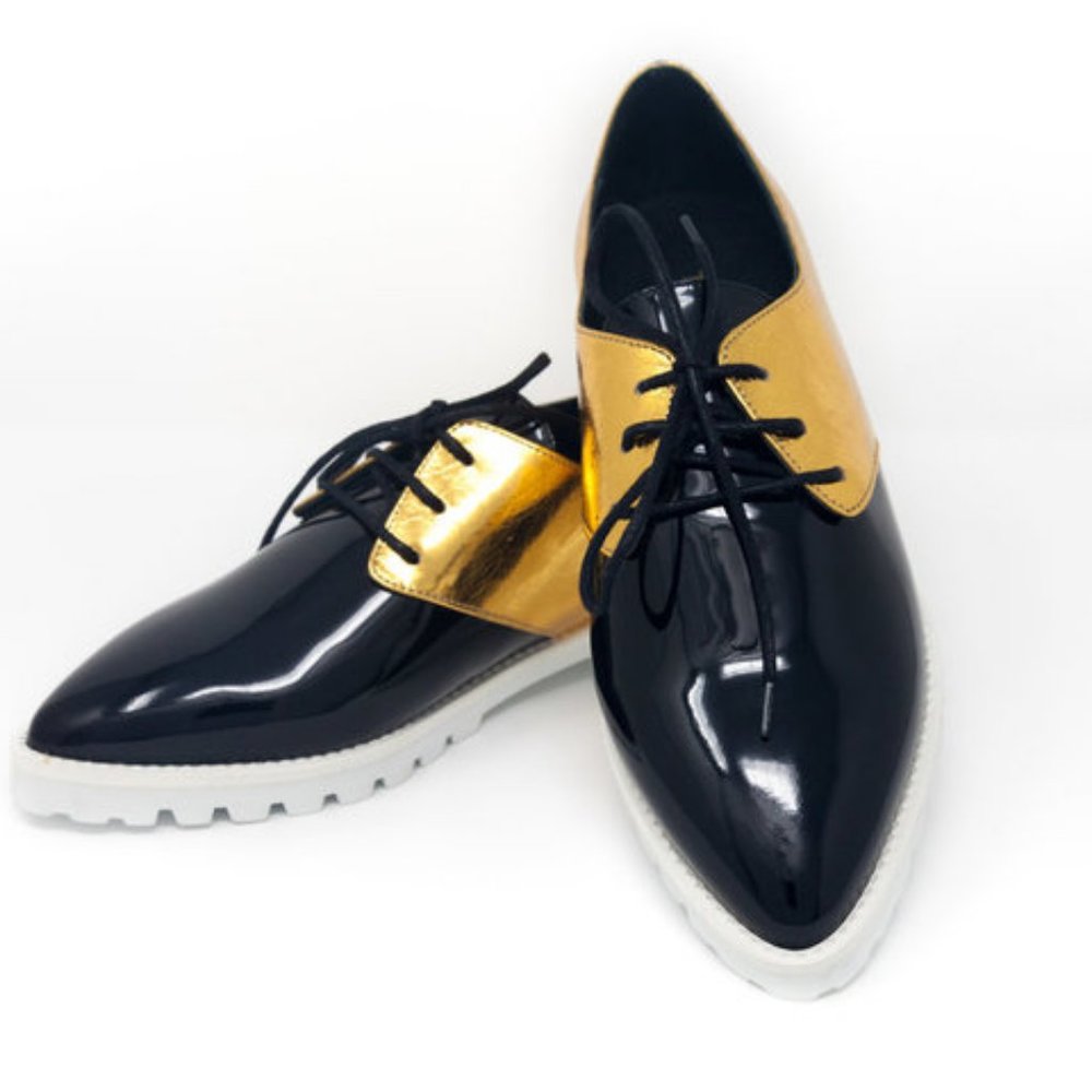 TARA JARMON PARIS Gold Patent Leather Oxford Derby Shoes